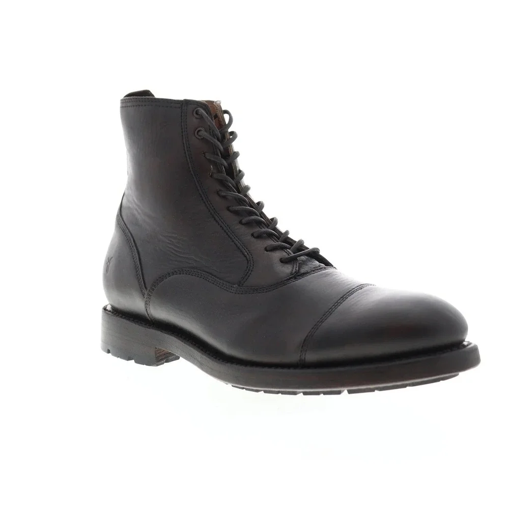 Frye James Lug Lace Up Black Leather Cap Toe‎ Boots Mens Combat Work Boot 12.5